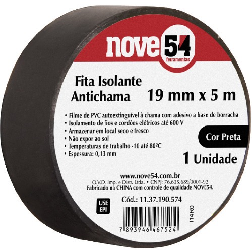 Fita isolante antichama preta 19 mm x 5 m Fita isolante antichama preta 19 mm x 5 m