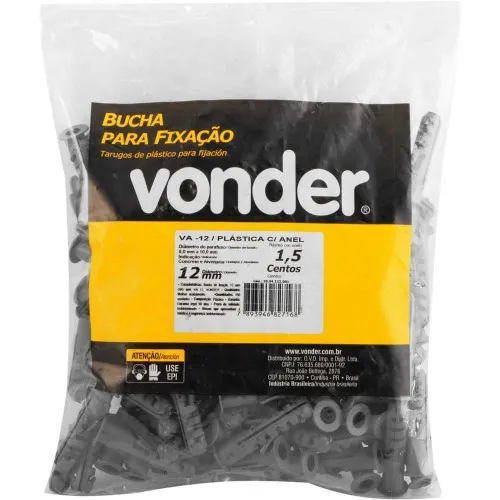 Bucha plástica de fixação 12 mm com anel 150 peças - VA-12