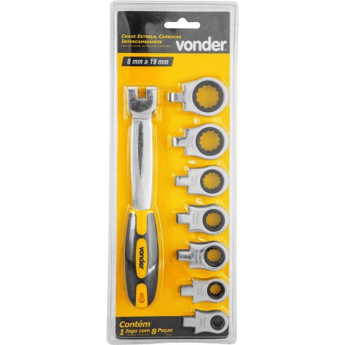 Jogo de chaves estrela com catracas intercambiáveis 8 mm a 19 mm Jogo de chaves estrela com catracas intercambiáveis 8 mm a 19 mm