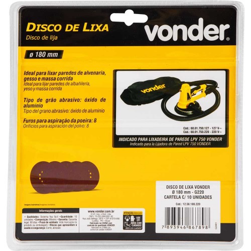 Disco de lixa com costado em pluma 180 mm gr�o 220 com 10 pe�as