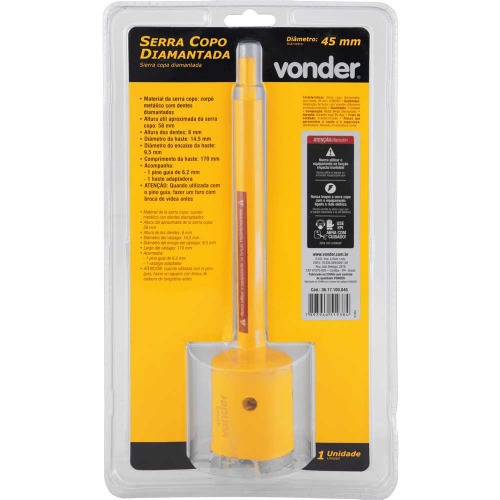 Serra copo diamantada 45 mm com encaixe de 3/8