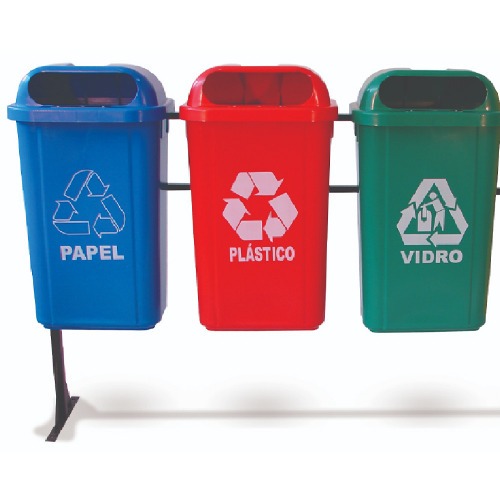 Kit com 4 lixeiras de 50L para coleta seletiva com suporte metlico