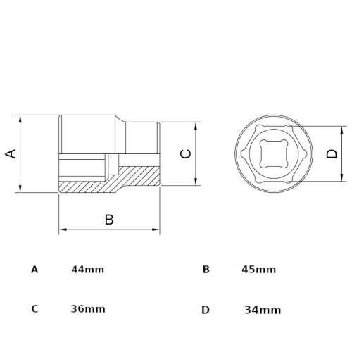 Soquete sextavado 34 mm encaixe 1/2