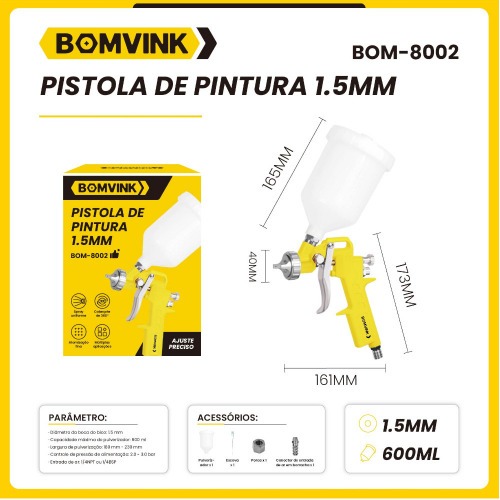 Pistola de pintura tipo gravidade com bico 1,5 mm - BOM-8002