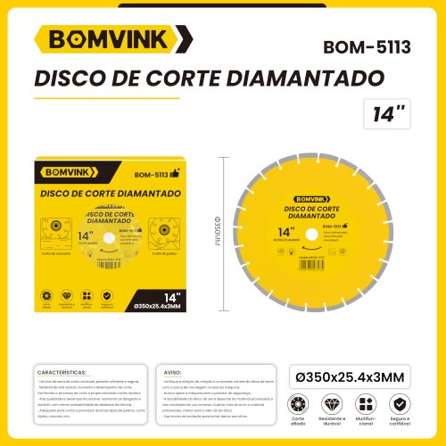 Disco diamantado segmentado 350 mm para concreto e pedra - BOM-5113