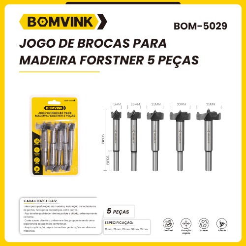 Jogo de broca forstner para madeira 15 a 35 mm com 5 peas - BOM-5029