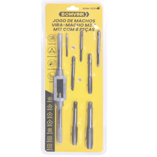 Jogo de macho manual M3 a M12 com vira macho 8 pe�as - BOM-3231