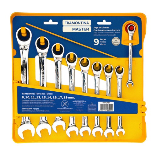 Jogo de chave combinada com catraca 8 a 19 mm 9 peas