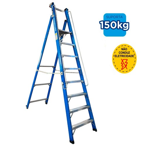 Escada plataforma fibra de vidro 7 degraus 2,4 m com rodas e corrimão - PAF240 Escada plataforma fibra de vidro 7 degraus 2,4 m com rodas e corrimão - PAF240