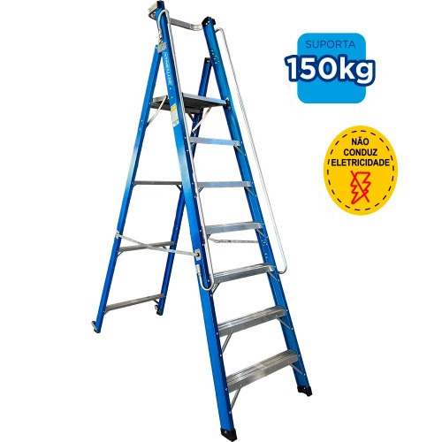 Escada plataforma fibra de vidro 6 degraus 2,1 m com rodas e corrimo - PAF210