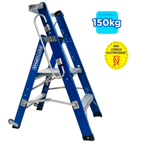 Escada plataforma fibra de vidro 1 degrau 0,60 m com rodas e corrim�o - PAF060
