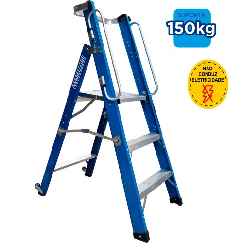 Escada plataforma fibra de vidro 2 degraus 0,9 m com rodas e corrimão - PAF090 Escada plataforma fibra de vidro 2 degraus 0,9 m com rodas e corrimão - PAF090