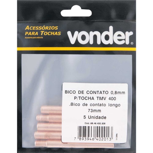 Bico de contato 0,8 mm x 73 mm para tocha TMV 400 5 peças Bico de contato 0,8 mm x 73 mm para tocha TMV 400 5 peças