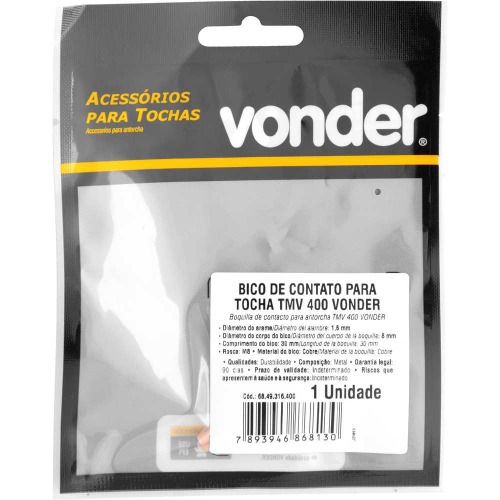 Bico de contato 1,6 x 30 mm para  tocha TMV 300/400 