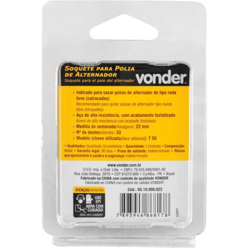 Soquete especial para polia de alternador sextavado 22 mm x estriado 33 dentes