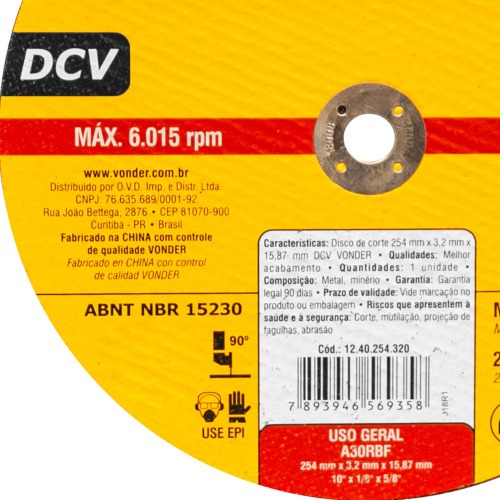 Disco de corte 254 x 3,2 x 15,87 mm  DCV 