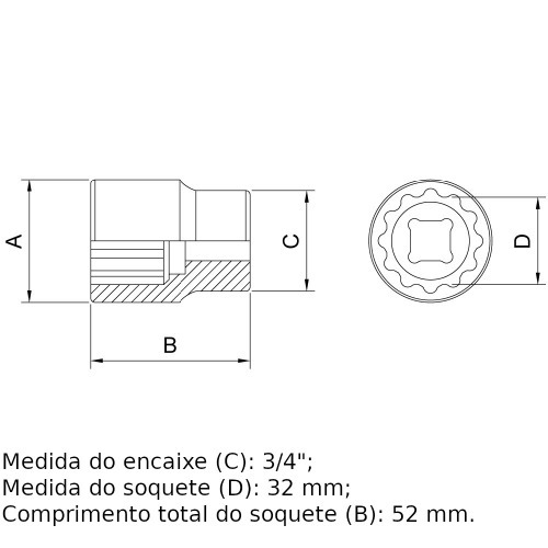 Soquete estriado 32 mm encaixe 3/4