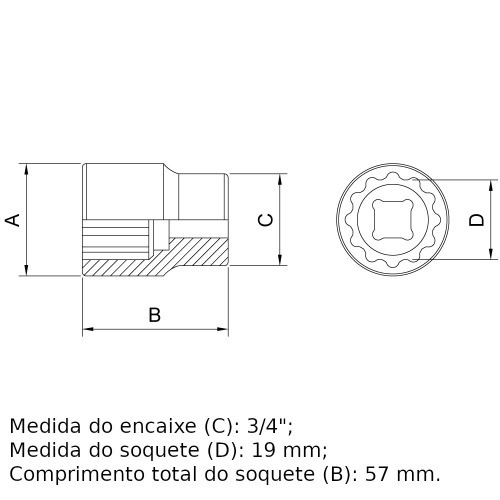 Soquete estriado 19 mm encaixe 3/4