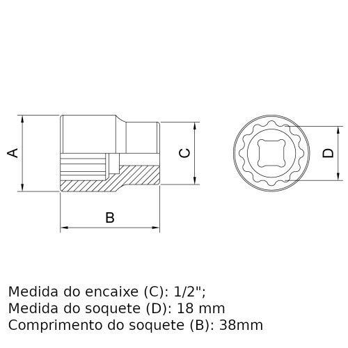 Soquete estriado 18 mm encaixe 1/2