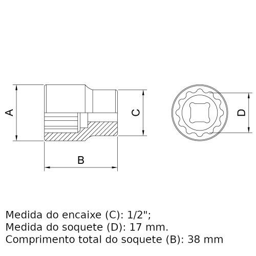 Soquete estriado 17 mm encaixe 1/2