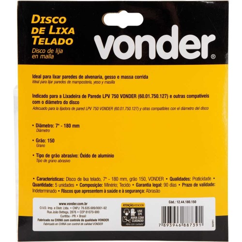 Disco de lixa telado 180 mm grão 150 com 5 peças Disco de lixa telado 180 mm grão 150 com 5 peças