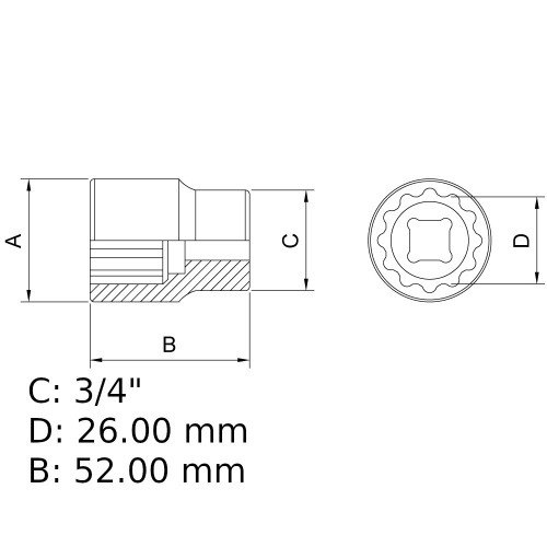 Soquete estriado 26 mm encaixe 3/4