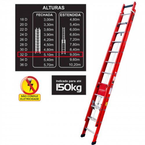 Escada de fibra de vidro extensível 5,10 x 9,00 m 32 degraus - EFR9934 Escada de fibra de vidro extensível 5,10 x 9,00 m 32 degraus - EFR9934