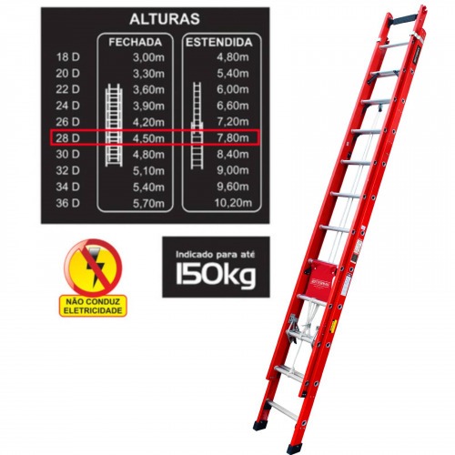 Escada de fibra de vidro extensível 4,50 x 7,80 m 28 degraus - EFR9932 Escada de fibra de vidro extensível 4,50 x 7,80 m 28 degraus - EFR9932