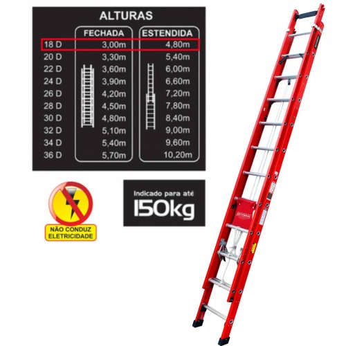 Escada de fibra de vidro extensível 3,00 x 4,80 m 18 degraus - EFR9927 Escada de fibra de vidro extensível 3,00 x 4,80 m 18 degraus - EFR9927