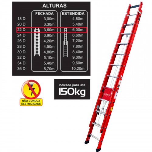 Escada de fibra de vidro extensível 3,60 x 6,00 m 22 degraus - EFR9929 Escada de fibra de vidro extensível 3,60 x 6,00 m 22 degraus - EFR9929