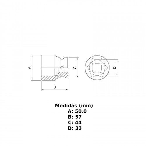 Soquete sextavado de impacto 33 mm encaixe 3/4