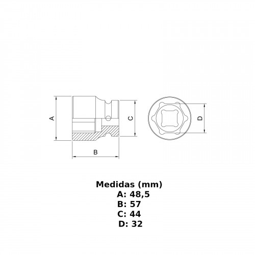 Soquete sextavado de impacto 32 mm encaixe 3/4