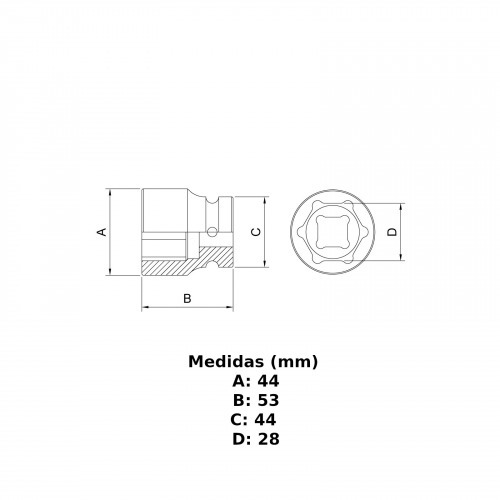 Soquete sextavado de impacto 28 mm encaixe 3/4