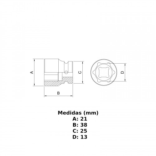 Soquete sextavado de impacto 13 mm encaixe 1/2