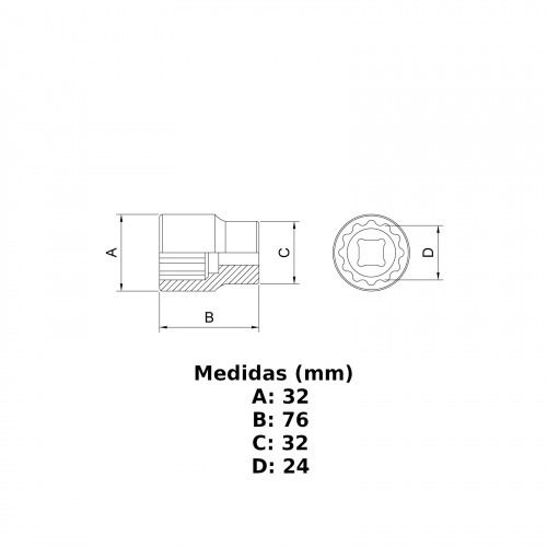 Soquete estriado longo 24 mm encaixe de 1/2 Soquete estriado longo 24 mm encaixe de 1/2