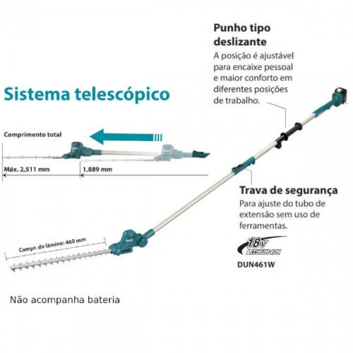 Aparador de cerca viva haste telescpica a bateria 18V 460 mm Sem Bateria - DUN461WZ