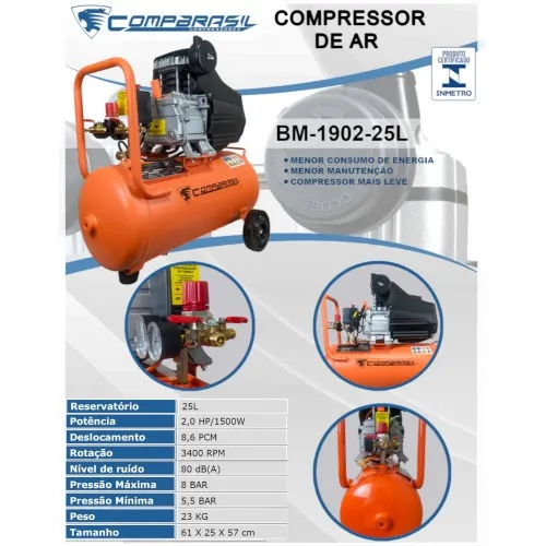 Compressor de ar 8,6 pés 25L 2hp 120 lbs monofásico - BM1902-25L