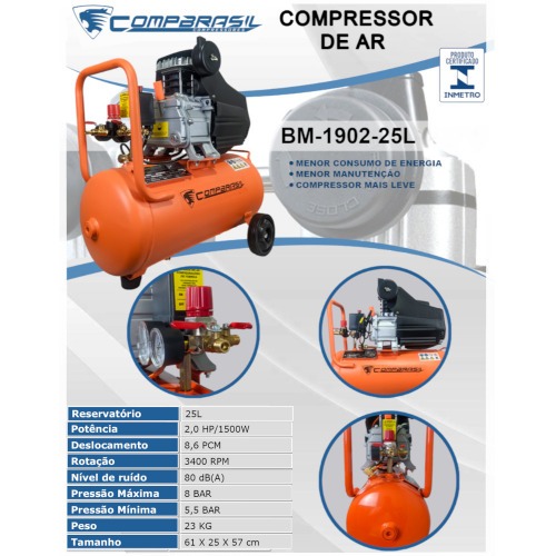 Compressor de ar 8,6 pés 25L 2hp 120 lbs monofásico - BM1902-25L 110V Compressor de ar 8,6 pés 25L 2hp 120 lbs monofásico - BM1902-25L 110V