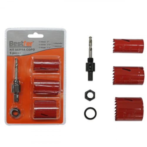 Jogo de serra copo para madeira 25 a 40 mm com 5 peças - BFH0963 Jogo de serra copo para madeira 25 a 40 mm com 5 peças - BFH0963