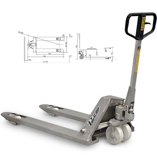 Transpalete hidrulico ao inox 2.500 kg 680 mm com rodas duplas de nylon - TM2500IC