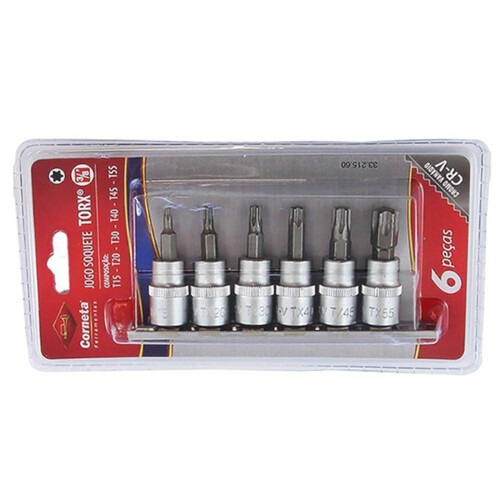 Jogo de soquete com ponta hexalobular T15 a T55 encaixe 3/8