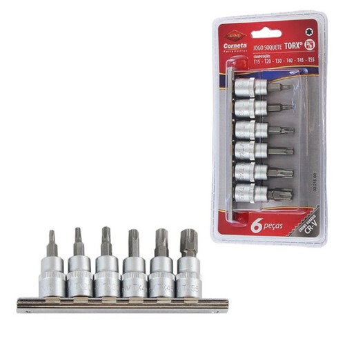 Jogo de soquete com ponta hexalobular T15 a T55 encaixe 3/8