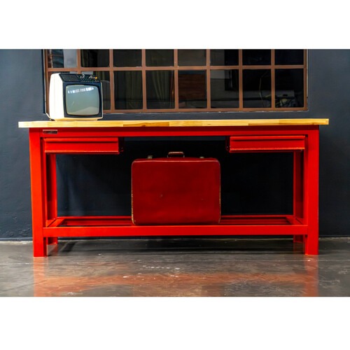 Bancada aberta com 02 gavetas e tampo de madeira pinus - RLL-210 Bancada aberta com 02 gavetas e tampo de madeira pinus - RLL-210