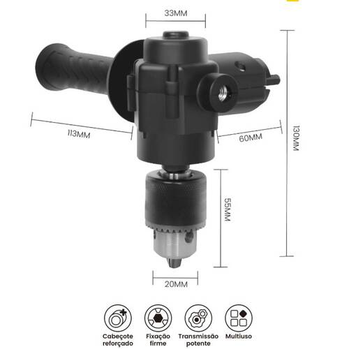 Adaptador para furadeira parafusadeira com mandril em �ngulo reto de 90 graus - BOM-5649
