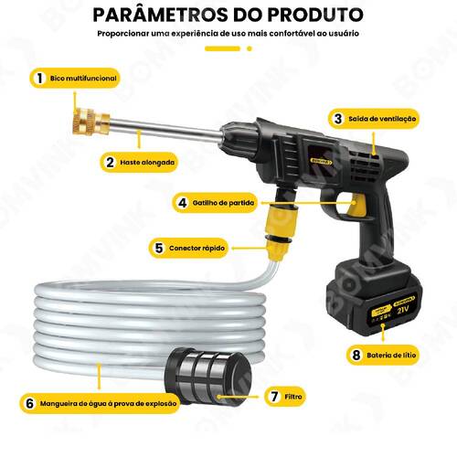 Lavadora de alta press�o a bateria 21V com 2 bateria e acess�rios - BOM-7001  110V/220V