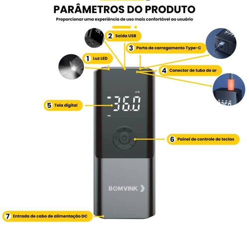 Mini Compressor de ar portátil digital recarregável 150 PSI com LED - BOM-8906 Mini Compressor de ar portátil digital recarregável 150 PSI com LED - BOM-8906
