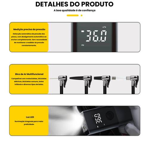 Mini Compressor de ar portátil digital recarregável 150 PSI com LED - BOM-8906 Mini Compressor de ar portátil digital recarregável 150 PSI com LED - BOM-8906