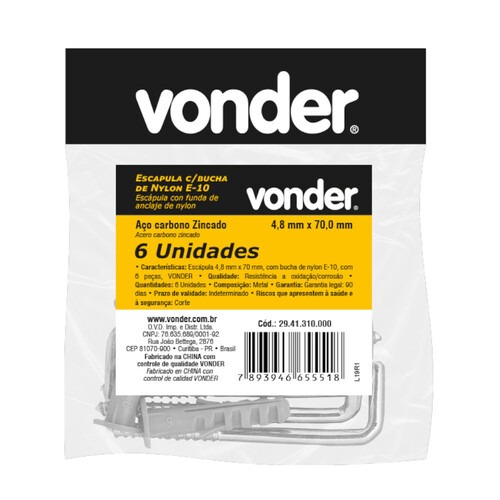 Esc�pula 4,8 x 70 mm com bucha de nylon E-10 com 6 pe�as