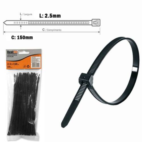 Abraçadeira de nylon 2,50 mm x 15 cm 100 peças - BFH0744 Abraçadeira de nylon 2,50 mm x 15 cm 100 peças - BFH0744