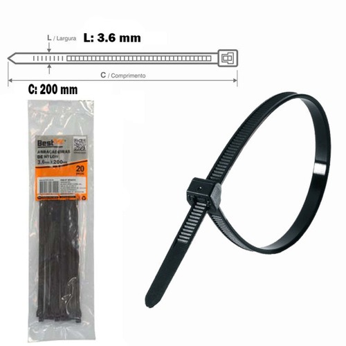 Abra�adeira de nylon 3,6 mm x 20 cm 20 pe�as - BFH2472